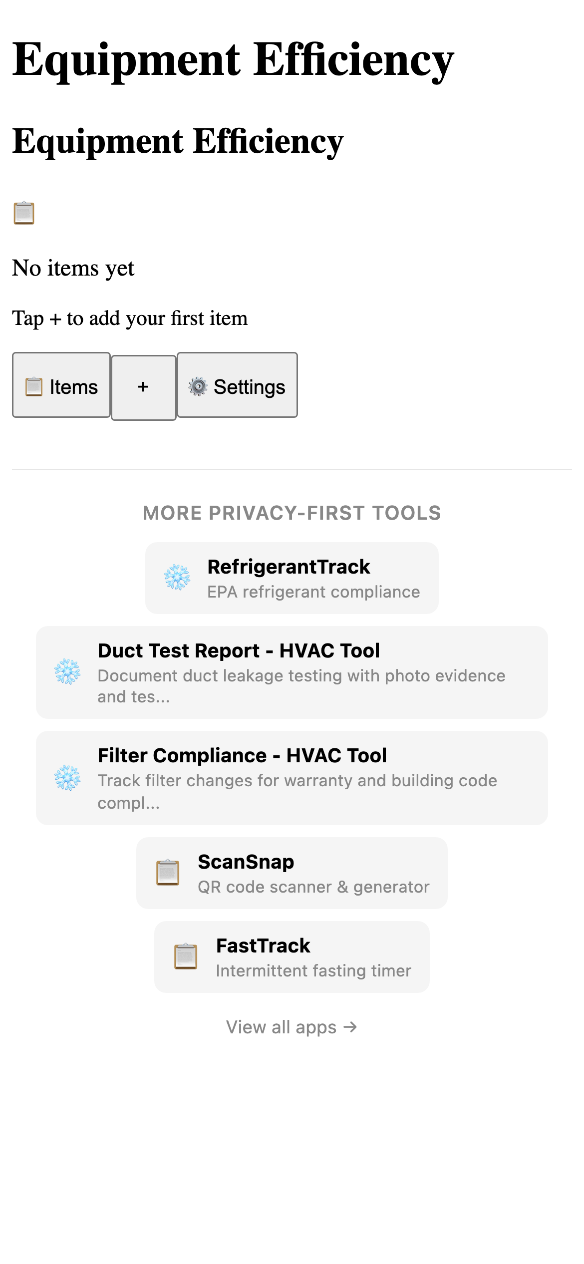 Equipment Efficiency - HVAC Tool Pro main interface